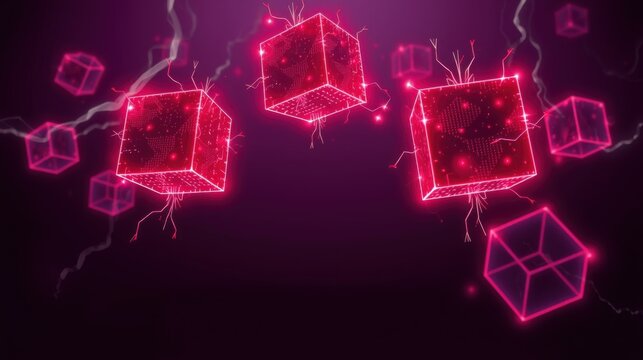 Glowing pink cubes float against dark purple background. Lines connect structures, creating futuristic digital scene. Brightness contrasts sharply.