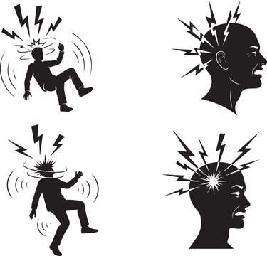 Person collapsing and a fractured head icon representing mental breakdown. Collapsing and a fractured head silhouette vector illustration 