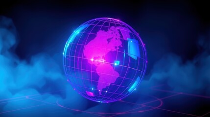 Obraz premium Glowing globe sits amid swirling blue fog. Pink, purple hues dominate futuristic scene. Grid lines trace continents, oceans.