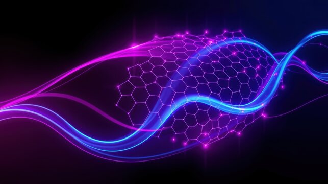 Abstract glowing lines, hexagonal structure. Vibrant purple, blue hues dominate dark background. Modern digital art composition.