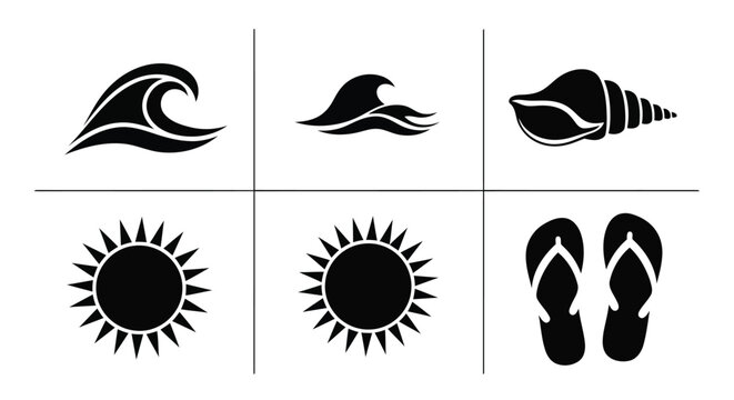 Black and white icons of beach items