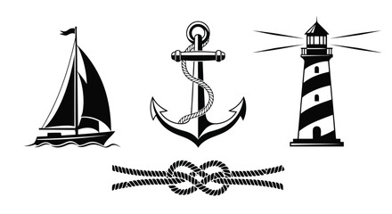 Nautical icons including sailboat anchor lighthouse and rope knot © EmayetHossen