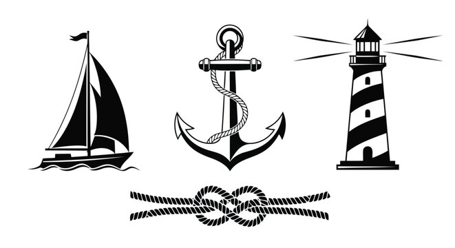 Nautical icons including sailboat anchor lighthouse and rope knot