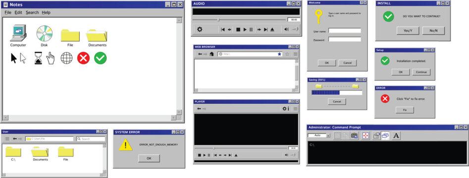 Retro 90s Computer Operating System Interface Windows UI Elements Set