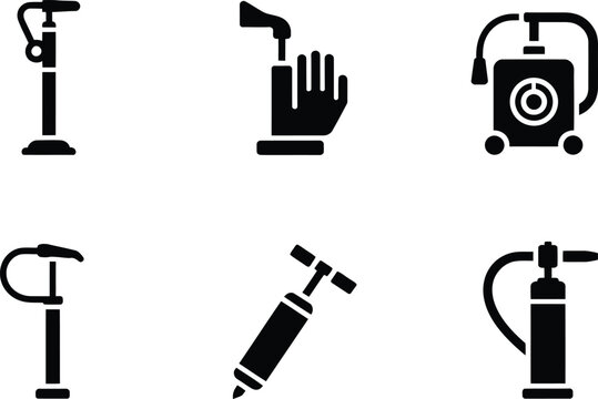 Set of six black icons representing different types of air pumps bicycle pump tire pump
