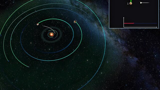 3D animation showing path of Dawn space probe visiting Vesta and Ceres in asteroid belt.