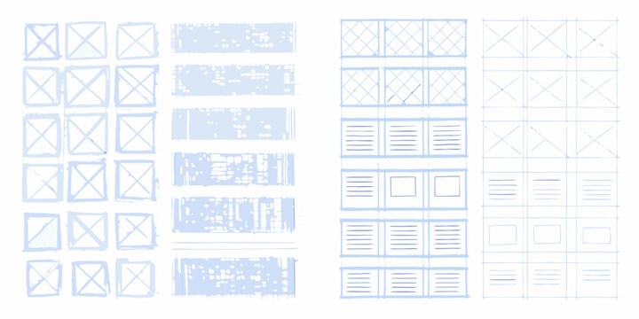Blue sketches of website or app layouts with grid structures