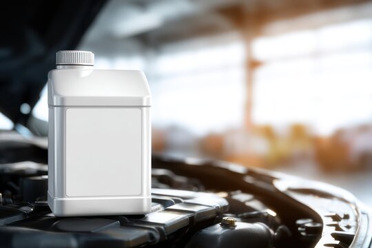 Plastic chemical container mockup near vehicle engine