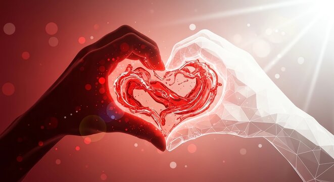 Black and white hands forming heart shape with red sparkle background for World Blood Donor Day