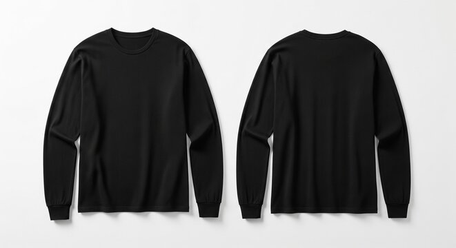 Front and back view of a plain black long-sleeved crew neck t-shirt mockup on a white background