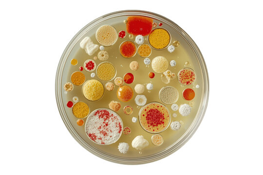 Petri dish showing a variety of colorful microbial colonies growing on an agar medium for scientific research and pathology