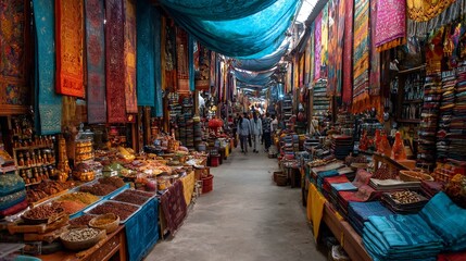Obraz premium Vibrant marketplace bustling with shoppers amidst a colorful array of goods and textiles