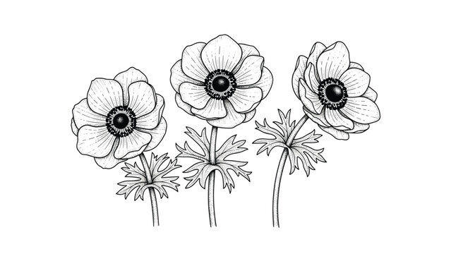 Detailed black and white ink sketch showing three beautiful anemone flowers with delicate petals and textured leaves.