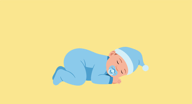 Illustration of a cute baby sleeping in blue pajamas and nightcap with pacifier