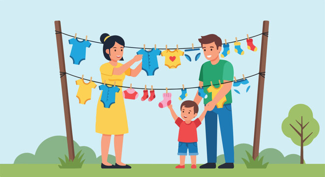 Happy family hangs colorful baby clothes on two clotheslines in a sunny garden