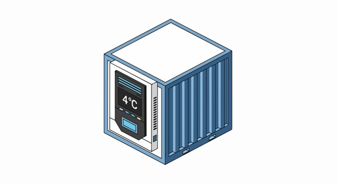 Isometric Refrigerated Shipping Container with Temperature Control Display, Blue Reefer for Cold Chain Logistics and Food Transportation