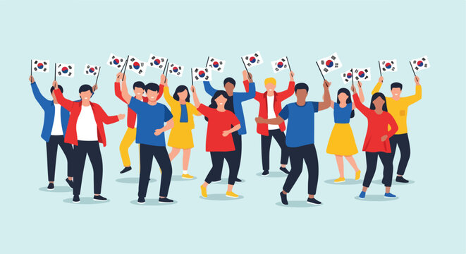People cheer and wave South Korean flags together in a flat design illustration