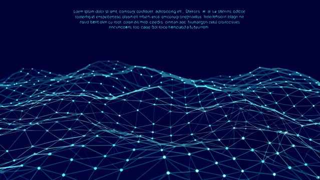 Abstract blue network landscape with connected nodes and flowing wave forms