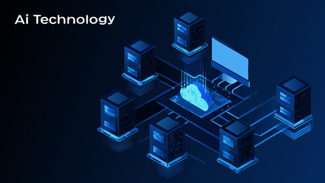 Isometric illustration of ai technology server infrastructure and data cloud network