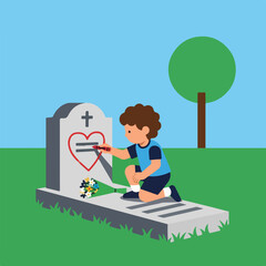 Fototapeta premium Young boy drawing a red heart on a tombstone in a cemetery flat vector graphics