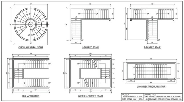 Staircase Design Blueprint Icon Set with Circular, L-Shaped, T-Shaped, U-Shaped, and Rectangular Stairs for Architecture and Interior Design