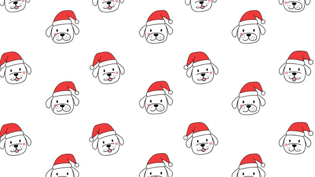 Delightful seamless pattern of cute puppy dog faces wearing red Santa Claus hats for a festive christmas holiday background.