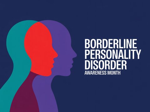 Borderline personality disorder awareness month concept with overlapping colorful human head silhouettes on dark blue background