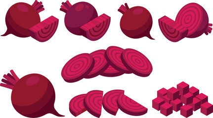 Fototapeta premium Beetroot Vector Set with Whole Beets, Slices, Segments, and Cubes in Bold Flat Style Illustration for Fresh Vegetable, Cooking, and Organic Food Design