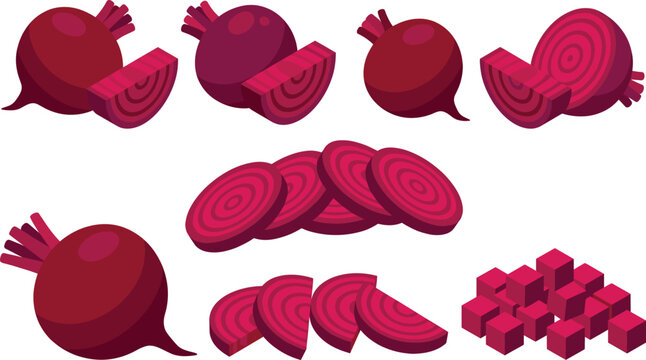 Beetroot Vector Set with Whole Beets, Slices, Segments, and Cubes in Bold Flat Style Illustration for Fresh Vegetable, Cooking, and Organic Food Design