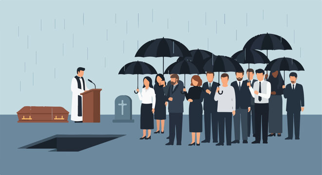 Detailed vector illustration of a funeral with a priest and mourners in the rain