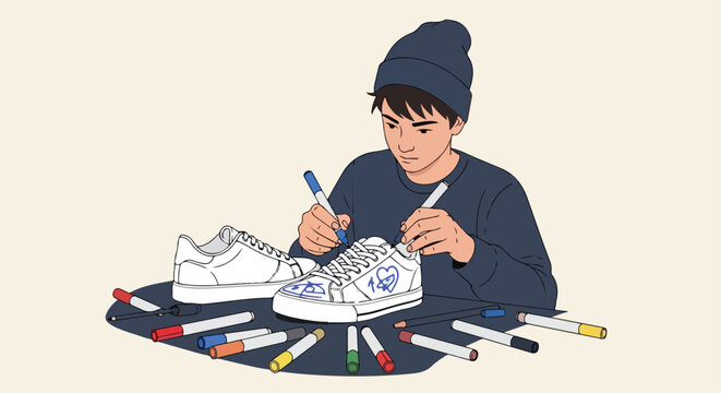Young man in beanie customizing white sneakers with various colorful markers