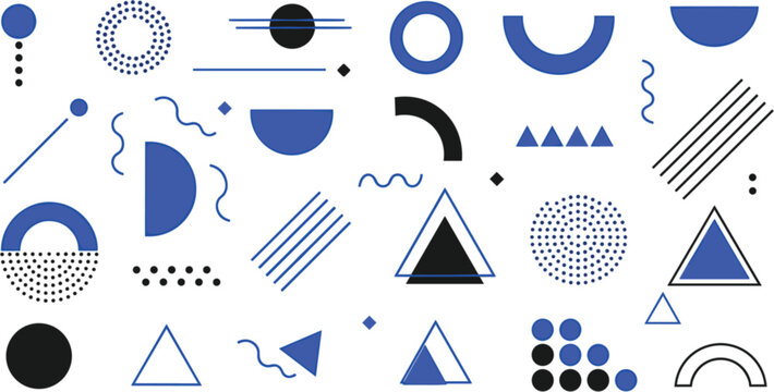 Abstract Geometric Shapes Collection with Blue and Black Circles Triangles Lines and Patterns Modern Minimal Design Set