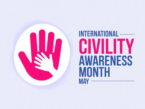 International civility awareness month in may, vector illustration with pink hand and white child hand icon
