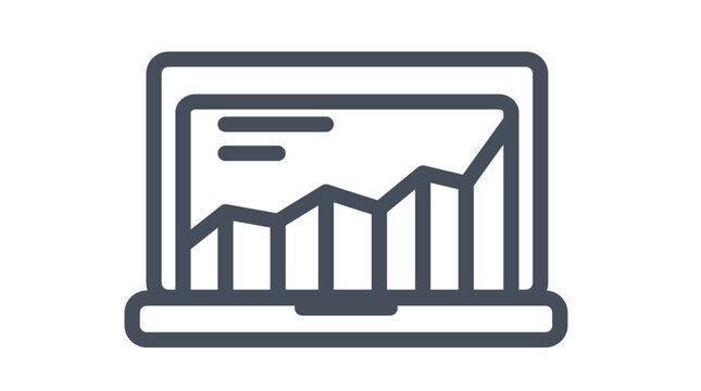 Minimalist black vector icon of a laptop computer displaying a business data analysis line chart on its screen, scalable illustration for financial growth, statistics, and digital marketing.