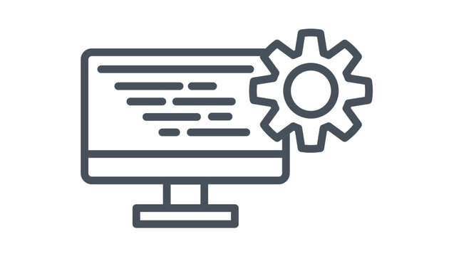Software development and system configuration vector icon illustration featuring a computer monitor with code lines and a gear symbol, representing programming, web design, and automation.