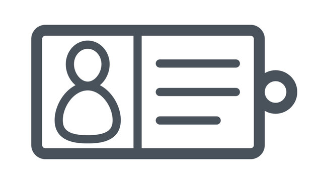 Minimalist black vector icon illustration of an identification card or personal ID badge with user profile silhouette and text lines, perfect for business security, membership, and web UI design.