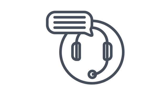 Customer support vector icon featuring a headset with a microphone and a speech bubble, minimalist black line art illustration for call center, help desk, and communication service concepts.