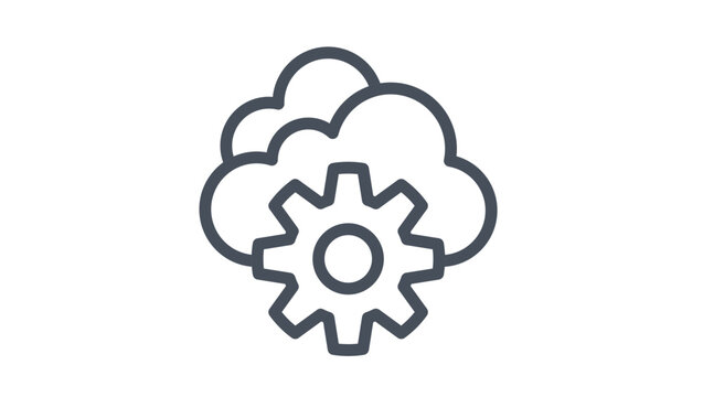 Cloud computing settings vector icon illustration featuring a gear symbol in front of overlapping clouds, representing data management, network services, and digital technology infrastructure.
