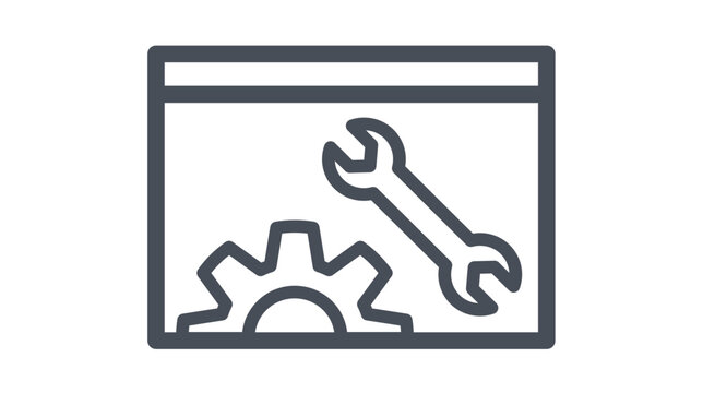 Vector icon illustration of a browser window containing a gear and wrench, symbolizing website maintenance, software development, technical support, system configuration, and web optimization.