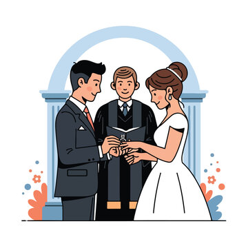 Groom putting a ring on bride's finger during a wedding ceremony with officiant