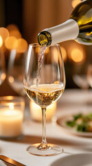 Fototapeta premium White wine pouring from a bottle into a crystal glass, liquid splashing, creating foam during a golden hour sunset, celebrating elegance, relaxation, and an outdoor evening experience