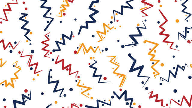 Vibrant pattern featuring colorful zigzag lines and dots in blue red and yellow scattered across a white background for textiles.