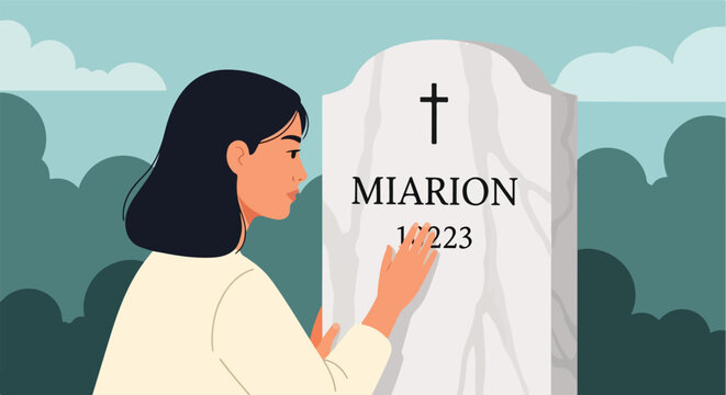 Sad woman touching a marble headstone in a cemetery while looking down grieving