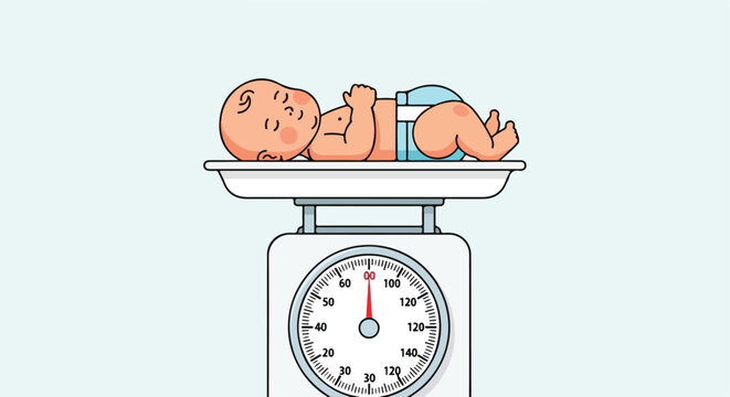Cute newborn baby in a diaper resting on a mechanical scale for weight checkups