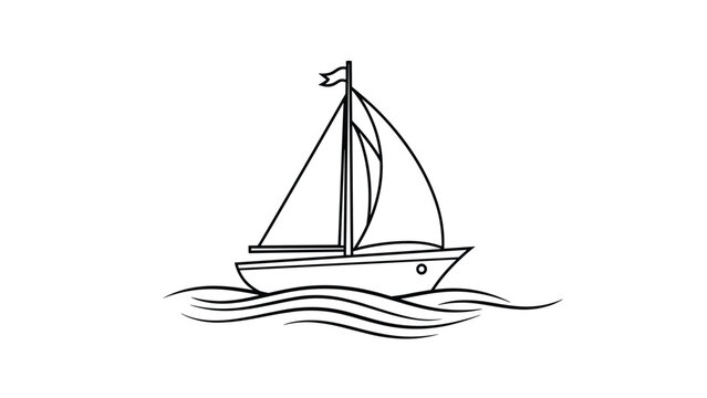 Simple line drawing of a sailboat with a small flag gliding over wavy water isolated on a white background for nautical themes.