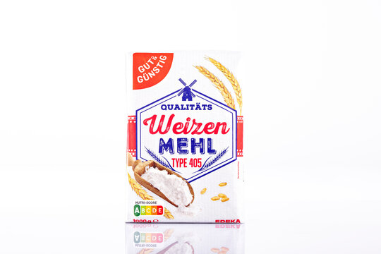 Gut & G&uuml;nstig Weizenmehl Type 405 wheat flour 1kg package by Edeka photographed isolated on white background. German supermarket baking ingredient shown as illustrative editorial.