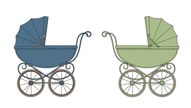 Two classic vintage style baby carriages in blue and green colors are shown side by side in a detailed and elegant vector illustration.
