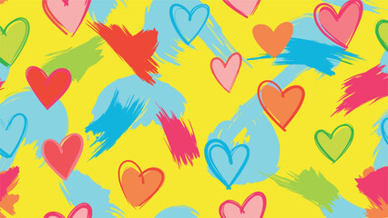 Obraz premium Energetic and colorful pattern features hand drawn hearts and expressive brush strokes in various bright colors on a bold yellow background.