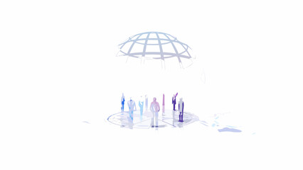 Abstract illustration of figures gathered beneath a geometric dome structure © Unnati