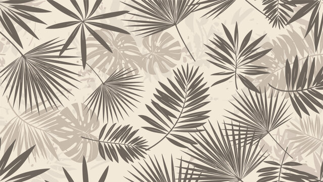 Elegant tropical pattern features brown silhouettes of various palm and monstera leaves over a textured beige background for a natural look.